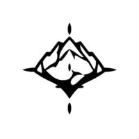 A symmetrical, geometric mountain illustration in black ink, featuring sharp angles and stylized peaks, with subtle shading on a stark white background. vector