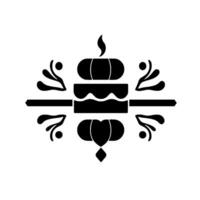 A symmetrical black and white illustration of a layered cake with a candle, adorned with floral and directional elements. vector