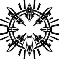 Stylized Black and White Geometric Illustration of a RingShaped Spacecraft Assembly with Multiple Attached PodLike Vessels. vector