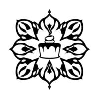 Abstract black and white mandalastyle cake , with intricate petal patterns, centrally featuring a sweet dessert. vector
