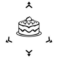 Minimalist Black and White Illustration of a Cake with Arrows Pointing Outward on White Background. vector
