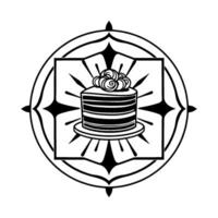 Elegant Black and White Cake Illustration Within an Ornate, Geometric Circular with Radial Elements and Symmetry. vector