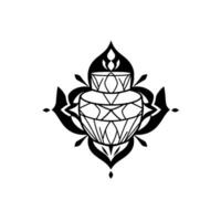 Intricate Black and White Geometric Illustration of a Stacked Urn Surrounded by a Stylized, Symmetrical Floral Motif. vector
