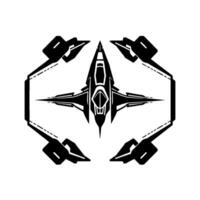 Futuristic, symmetrical, black and white illustration of a spacecraft with winglike attachments, featuring geometric and angular designs. vector