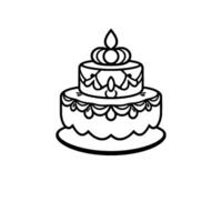 A twotiered black and white cake illustration with crownlike decoration on top and simple scalloped edges, set against a plain white background. vector