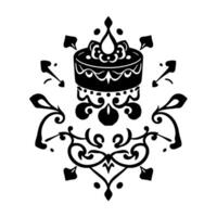 Ornate Black and White Circular Motif with Stylized Crown, Scrollwork, and Decorative Arrows on White. vector