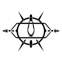 Futuristic, black and white geometric emblem features a compasslike outer circle with spiky points, intersecting a stylized, eyeshaped polygon centered on a sleek, vertical form. vector