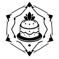 Elegant Black and White Cake within Ornate Geometric Frame, Decorative Dessert Symbol. vector
