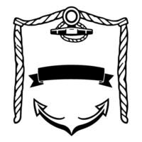 Black and white nautical crest featuring a rope frame, a banner, and an anchor. vector