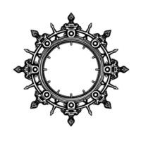 Intricate symmetrical, black and white handdrawn ornate circular with spikes, decorative details, and empty center. vector