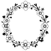 Intricate black and white line art wreath, with flowers and foliage, creating an elegant circular border perfect for invitations and designs. vector