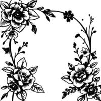 Ornate black and white floral border with stylized roses, leaves, and delicate branches, creating a decorative frame. vector
