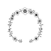 Elegant Black and White Floral Wreath Featuring Delicate Blossoms and Vine Elements, Creating a Circular Decorative Border. vector