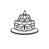 Decorative black and white cake illustration with intricate layered , featuring a crownlike top and ornate detailing, on a round plate, set against white. vector