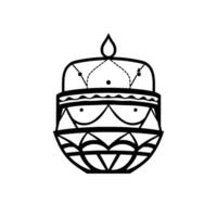 A symmetrical black and white illustration of a decorative tiered container with a flamelike shape on top, featuring geometric patterns. vector
