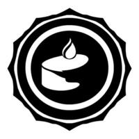 Black and white circular emblem featuring a stylized oil lamp with a flame, inside concentric rings and a scalloped border, symbolizing light. vector