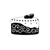 Simple, Stylized Cake Slice with Decorative Swirls, Berries, and Leaf in a Monochromatic Black and White . vector