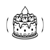 Simple Outline Illustration of a Layered Cake with Creamy Frosting, Berries, Droplet Decoration, and Swirls, Surrounded by Curved Arrows. vector