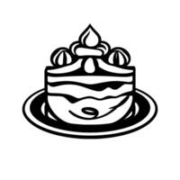 Black and white minimalist illustration of a delicious layered cake on a plate, topped with decorative frosting and stylized elements. vector