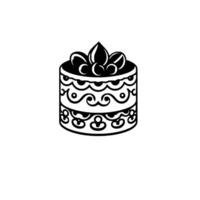 Detailed Black and White Illustration of a TwoTiered Dessert Cake Adorned with Ornamental Swirls and Topped with Leafy Berries. vector