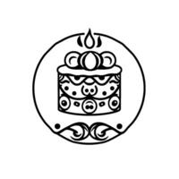Intricate Black and White Cake within a Circular Frame Featuring Ornate Decorations and a Single Flame on Top. vector