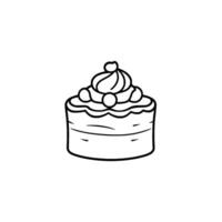 Minimalist Line Art Illustration of a Small, Round Cake with Icing and Berries, Set Against White Background. vector
