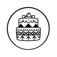 A minimalist, twotiered cake illustration within a circular frame, rendered in bold black and white, evoking celebration. vector