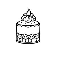Simplified Black and White Illustration of a Decorated Round Cake with Creamy Frosting Topping, Floral Pattern, and Dot Accents. vector