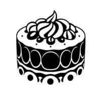 Bold Black and White Illustration of a Decorated Layer Cake with Swirled Cream Topping and Subtle Decorative Details, Isolated on White. vector