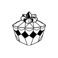 Detailed Black and White Illustration of a Faceted Gift Box Topped with a Decorative Floral Bow, Against a White Background. vector