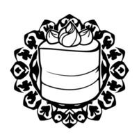 Elegant, monochrome layered cake with floral frosting, centered within an ornate, circular, ornamental mandala. vector
