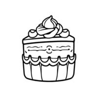 Whimsical Black and White Illustration of a Smiling Cake with Cream Frosting and Berries, in a Clean Minimalist Style. vector
