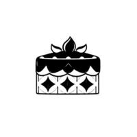 A stylized, minimalist black and white illustration of a round cake with ornate details, featuring leaflike toppers and a geometric pattern. vector