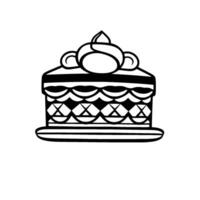 Stylized, black and white illustration of a layered cake with decorative frosting and geometric patterns. vector