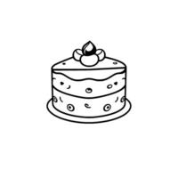 Simplified monochrome illustration of a cake slice with stylized cherries and dots as decoration, presented on a round plate. vector