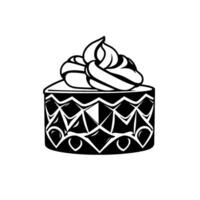 Black and white illustration of a decorative round cake with patterned sides and swirled frosting on top, isolated on white. vector