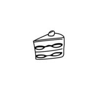 Simple Black Outline Illustration of a Triangular Cake Slice with a Cherry on Top, against a White Background. vector