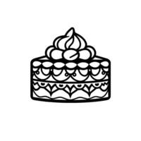 Detailed, blackandwhite line art illustration of a decorative cake with ornate frosting and layered pattern, set against a clean white backdrop. vector