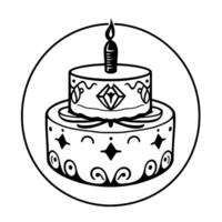 Black and White Illustration of a TwoTiered Birthday Cake with a Lit Candle Inside a Circle. vector