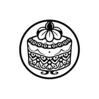 Ornate Cake in a Circular Frame A Detailed Black and White Illustration with Flower Topping and Decorative Layers. vector