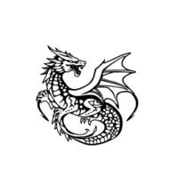 A stylized, illustration of a fierce, ornate dragon in a dynamic pose, featuring intricate scales, sharp claws, and expansive wings, set against a stark white backdrop. vector
