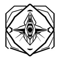 A symmetrical, stark black and white futuristic spaceship , centrally placed within a geometric, diamondshaped frame, evoking technology and scifi. vector
