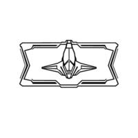 Geometric outline of a spaceship within a rectangular, stylized border, all depicted in black and white on a white background. vector