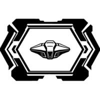 Minimalist Black White SciFi Spaceship within Geometric Hexagonal Frame , Futuristic Iconography. vector