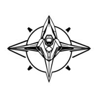 Abstract Black and White Geometric Starburst Featuring a Central SpacecraftLike Element Within a Circular Frame. vector