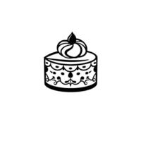 Elegant Black and White Illustration of a Decorated Round Cake with Cream Topping, Isolated on White Background. vector