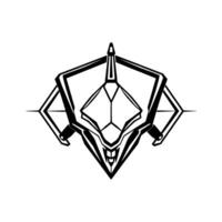 Black and white geometric emblem with sharp angles and a central, diamondshaped face, reminiscent of a futuristic mecha . vector