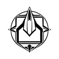 Bold Black and White Geometric Emblem Featuring Futuristic Aircraft and Geometric Circle Square. vector