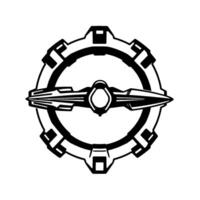 A symmetrical, futuristic, gearshaped emblem with a central bladelike element, rendered in stark black and white, hinting at technology and precision. vector