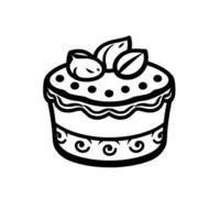 Simple, Stylized Black and White Illustration of a Layered Cake with Leaf and Nut Topping, Decorated with Intricate Scroll Details. vector